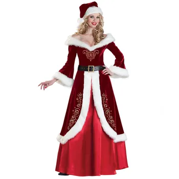 3pc/Set Deluxe Roșu de Catifea Crăciun Costum de Moș Crăciun Xmas Party Rochie Cu Centura si Palarie Pentru Femei Adulte