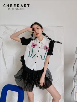 CHEERART Peter Pan Guler Kawaii Drăguț Camasi Bluza pentru Femei Floral Butonul Patch Up Lantern Maneca Cămașă de Vară de Moda coreeană