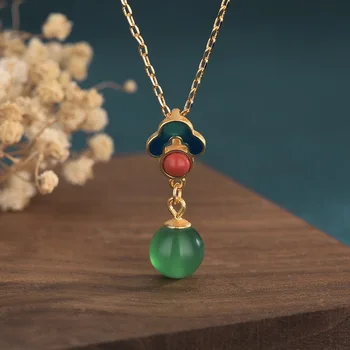 China Stil Clasic Bijuterii Antice din Aur Emailat de Culoare Naturale de Jad Șirag de mărgele Pandantiv Retro de bun augur Nor Coliere Femei 25MM