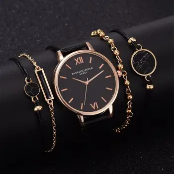 5 stücke Set Top Stil Modul frauen Luxus Leder Trupa Analog Quarz Armbanduhr Damen Uhr Frauen Kleid Reloj Mujer schwarz Uhr