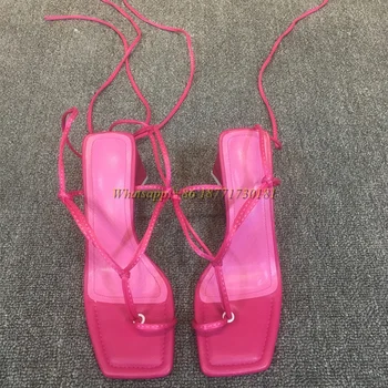 Rose Red Lichidare Curele Clip-deget de la picior Pătrat-în Formă de deget de la picior Toc Sandale de Vara Noua Femeilor Romane, Plus Dimensiunea Moda Pantofi Cadou pentru Fata