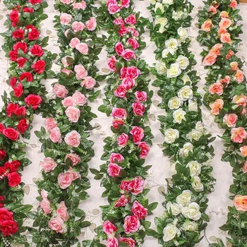 Flori artificiale Albe de Trandafir Roșu Viță de vie, Iedera Nunta Peretele Biroului de Viță de vie în aer liber, Garden Party Decor Acasă Fals Plante cu Flori 2.2 m