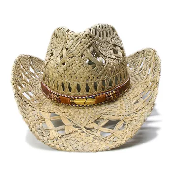LUCKYLIANJI Femei Barbati Unisex Vintage de Paie Largă Refuz Sun Beach Cowboy Cowgirl Vest Pălărie Frunze de Bandă de Piele (Una de Dimensiuni 58cm