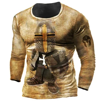 Bărbați T-shirt Europa și America Knights Print cu Maneci Lungi Teuri Isus Templul Cruciați Bumbac Topuri de Moda de Epocă, O-neck Pulover