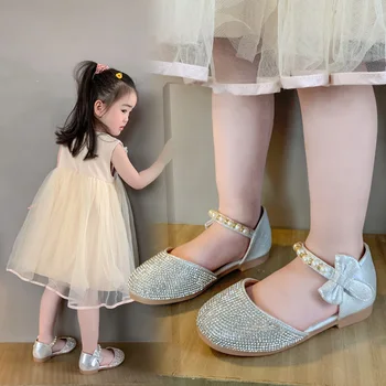 Fete Mici din Piele Pantofi de Vară Pearl Papion Stras Printesa Pantofi Fund Moale pentru Copii de Jumătate Sandale Toate-Meci Rochie Fusta